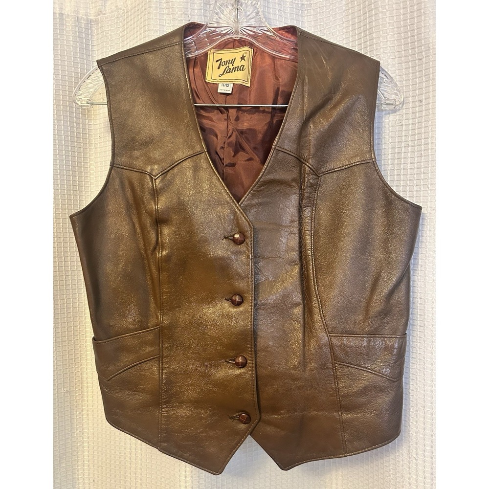 VTG Tony Lama Brown Leather Vest Womens M Western Prairie Boho Hippie